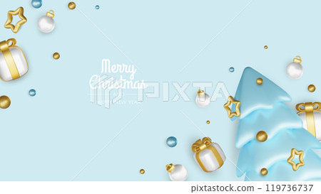 Happy New Year and Merry Christmas. Christmas holiday background with realistic 3d objects,gold and red bauble balls, conical metal stars. Levitation falling design composition. 119736737