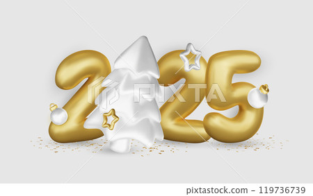 2025 Realistic glossy number with gold gift box. Happy New Year and Merry Christmas 2025. Greeting card. Vector 3d rendering. 2025 Realistic glossy number with gold gift box. Happy New Year and Merry Christmas 2025. Greeting card. Vector 3d rendering. 119736739