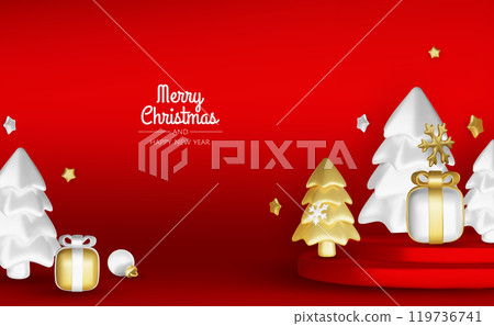 Christmas winter festive composition. Colorful Xmas background realistic 3d decorative design objects, christmas tree, gift boxes, xmas ball, gold confetti. Happy New Year. Vector illustration 119736741