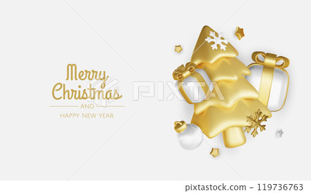 Happy New Year and Merry Christmas. Christmas holiday background with realistic 3d objects,gold and red bauble balls, conical metal stars. Levitation falling design composition. Happy New Year and Merry Christmas. Christmas holiday background with realistic 3d objects,gold and red bauble balls, conical metal stars. Levitation falling design composition. 119736763