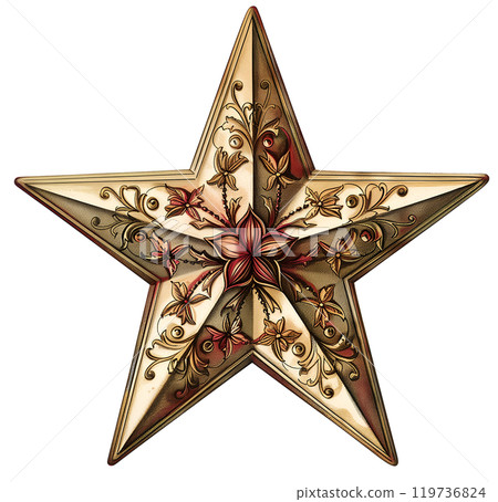 Vintage illustration of decorated Christmas gold star with nine points on a white background Vintage illustration of decorated Christmas gold star with nine points on a white background 119736824