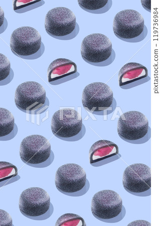 Mochi Pattern. Japanese dessert, sweets. Vertical banner photo blue background Mochi Pattern. Japanese dessert, sweets. Vertical banner photo blue background 119736984