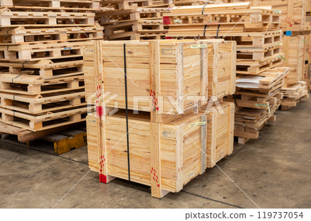 Stack of raw wood, Lumber warehouse storage wooden. Timber goods storehouse. Stack of raw wood, Lumber warehouse storage wooden. Timber goods storehouse. 119737054