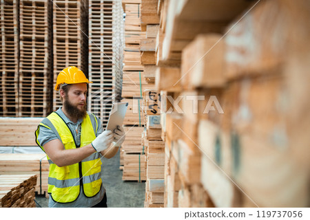 Male carpenter worker wood warehouse industry. Male carpenter worker wood warehouse industry. 119737056