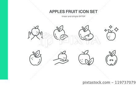 Apples Fruit Icon Set. Simple Line Illustrations of Apples in Various Forms, Including Apple Whole, Sliced, Sparkling, and Apple in Hands. Apples Fruit Icon Set. Simple Line Illustrations of Apples in Various Forms, Including Apple Whole, Sliced, Sparkling, and Apple in Hands. 119737079