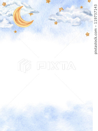 Hand drawn watercolor card features fluffy clouds, a crescent moon, and gold stars on a pastel blue background. For baby shower invitations or dreamy birthday greetings with a cute, celestial theme 119737143