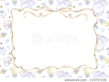 Watercolor baby card with a pastel blue frame, ribbons, and a cute bow. Ideal for birth announcements or first birthday invitations. Hand-drawn with a blank copy space for a personal greeting Watercolor baby card with a pastel blue frame, ribbons, and a cute bow. Ideal for birth announcements or first birthday invitations. Hand-drawn with a blank copy space for a personal greeting 119737146