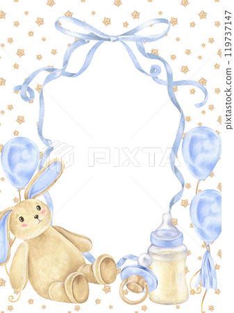Hand drawn watercolor illustration for a baby boy birthday card. This blue pastel frame with ribbons and balloons is perfect for newborn celebrations or nursery decor. Blank space for text 119737147