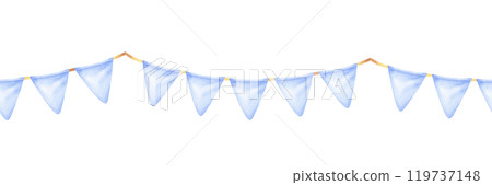 A seamless garland of triangular pennants in soft blue watercolor, perfect for baby showers or birthday celebrations. Hand-drawn design adds a festive and charming touch to any party decor A seamless garland of triangular pennants in soft blue watercolor, perfect for baby showers or birthday celebrations. Hand-drawn design adds a festive and charming touch to any party decor 119737148