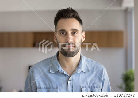 Positive handsome young Hispanic man in casual shirt home portrait 119737278