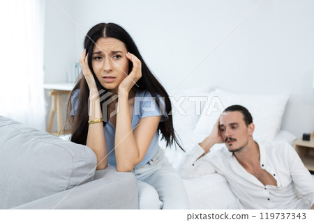 Conflict in married life. family problems Wife is dissatisfied with her husband. frustrated woman unhappy. Not satisfied with each other. Conflict in married life. family problems Wife is dissatisfied with her husband. frustrated woman unhappy. Not satisfied with each other. 119737343
