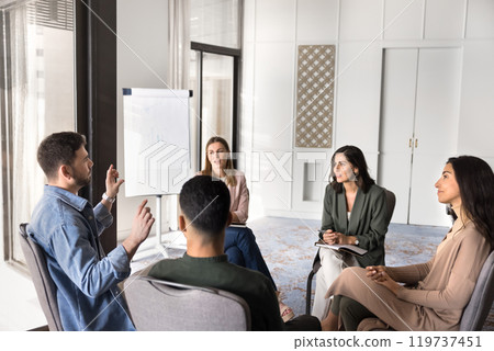 Multiethnic business team sitting in circle in office 119737451