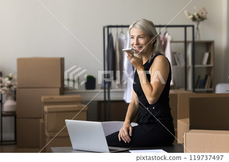 Aged businesswoman working at warehouse using mobile phone voice app Aged businesswoman working at warehouse using mobile phone voice app 119737497