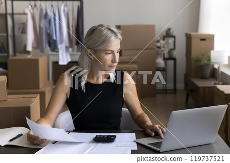 Aged woman web shop owner use pc calculator in accounting 119737521