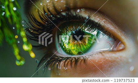 Macro photo of a green female eye with black pupil with which displays forest trees. Human vision, gaze, look. Ecology, people and nature concept. This is AI-generated item Macro photo of a green female eye with black pupil with which displays forest trees. Human vision, gaze, look. Ecology, people and nature concept. This is AI-generated item 119737523