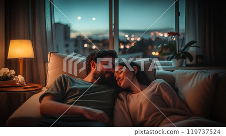 A couple in love lying on a sofa, tenderly embracing. The lovers happy together. This is AI-generated item 119737524