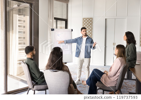 Confident young business leader man presenting successful project report 119737593