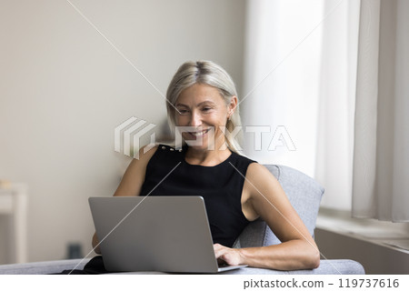 Beautiful old lady using laptop on couch at living room 119737616