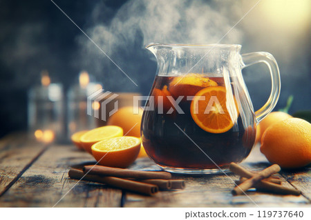 Hot mulled wine with citrus slices in a glass pitcher on a rustic wooden table at an inviting evening gathering 119737640