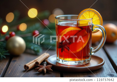 Warm spiced mulled wine with orange and cinnamon served in a glass mug beside festive decorations 119737642