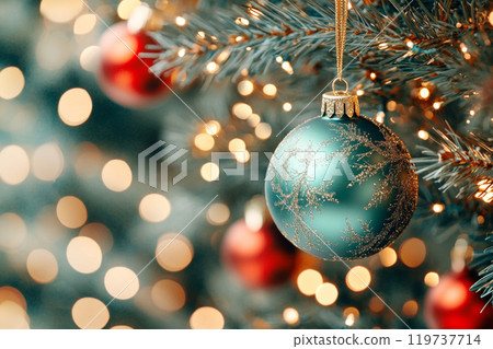 A beautifully decorated Christmas tree featuring a green ornament with gold accents and lights 119737714
