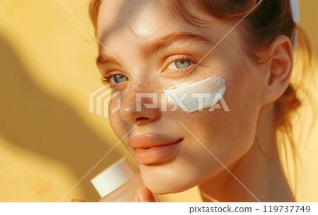 Young beautiful model girl applying sunscreen creme on facial skin. Natural Beauty. Cosmetics for summer with SPF protection. Yellow cosmetic product. This is AI-generated item 119737749