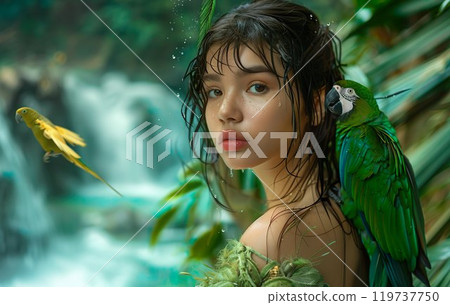 Beautiful girl with green parrot on a shoulder on green background of tropical forest. Woman from the fantasy world. Exotic female beauty. Young woman This is AI-generated item 119737750