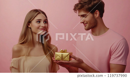 Lovely couple on pink background. A handsome young man, guy in love gives a gorgeous girl, woman a gift in a golden box. Valentine's Day February 14. This is AI-generated item Lovely couple on pink background. A handsome young man, guy in love gives a gorgeous girl, woman a gift in a golden box. Valentine's Day February 14. This is AI-generated item 119737990
