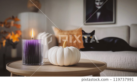 Modern room interior decorated for Halloween October 31. Black cat White pumpkin This is AI-generated item Modern room interior decorated for Halloween October 31. Black cat White pumpkin This is AI-generated item 119737991
