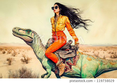 Watercolor surreal drawing of a beautiful bold self-confident woman in orange jumpsuit riding on a dinosaur on a desert land. Bold self loving girl. This is AI-generated item 119738029