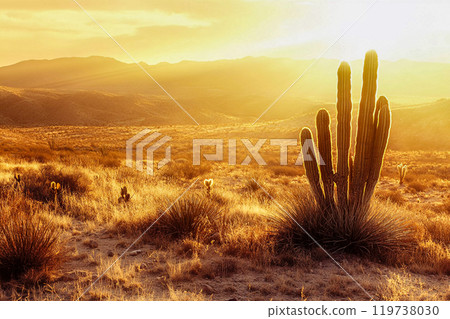 Desert landscape with cacti, cactuses growing in dry soil and setting sun. The hills in sunlight rays on horizon, cloudy sky. Day goes into evening. This is AI-generated item 119738030
