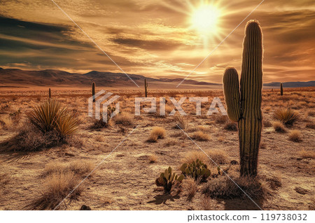 Desert landscape with cacti, cactuses growing in dry soil and setting sun. The hills in sunlight rays on horizon, cloudy sky. Day goes into evening. This is AI-generated item 119738032