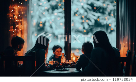 Happy family with small children sitting at a festive New Year table in a cozy house, outside the window winter and Christmas tree with garland lights This is AI-generated item Happy family with small children sitting at a festive New Year table in a cozy house, outside the window winter and Christmas tree with garland lights This is AI-generated item 119738034