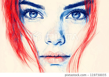 Pencil drawing of a beautiful teen girls face with kind blue eyes and direct look. Artwork image with a face of young woman with red hair, blue eyes. This is AI-generated item 119738035
