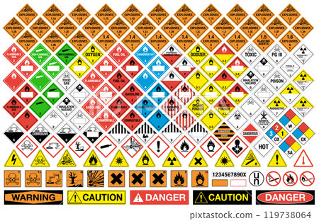 All classes of hazardous material signs. Vector isolated placards label collection. 119738064
