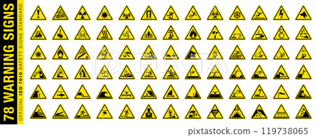 Full set of 78 isolated hazardous symbols on yellow round triangle board warning sign. Official ISO 7010 safety signs standard. 119738065