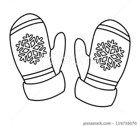Cute mittens with snowflake Doodle style. Hand drawn black and white isolated Cute mittens with snowflake Doodle style. Hand drawn black and white isolated 119738070