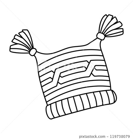 Warm winter hat with pompoms doodle style. Cozy warm clothes. Hand drawn black and white isolated. Warm winter hat with pompoms doodle style. Cozy warm clothes. Hand drawn black and white isolated. 119738079