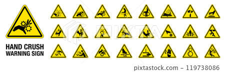 Set of 24 isolated Hand Crush Force hazardous symbols on yellow round triangle board warning sign 119738086