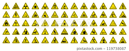 Big Set of 65 isolated hazardous symbols on yellow round triangle board warning sign Big Set of 65 isolated hazardous symbols on yellow round triangle board warning sign 119738087