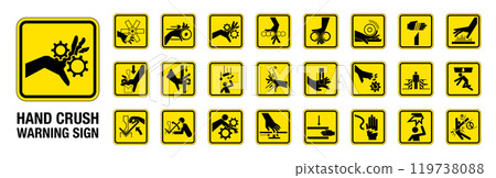 Set of 24 isolated Hand Crush Force hazardous symbols on yellow round square board warning sign 119738088