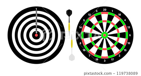Two classical Dartboards for playing darts. Two darts black and white. Flat style. isolated vector 119738089