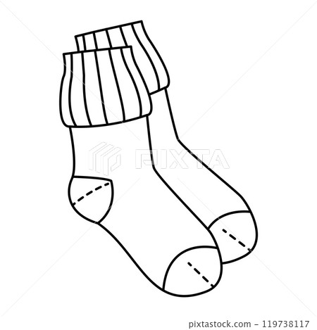Cozy warm socks trendy doodle style. Pair of woolen socks Hand drawn black and white isolated  119738117