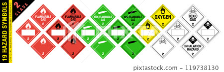 Full set of 19 Class 2 isolated hazardous material signs. Toxic, flammable gas, oxygen, poison. Hazmat isolated placards. Official Hazard pictograms standard. 119738130