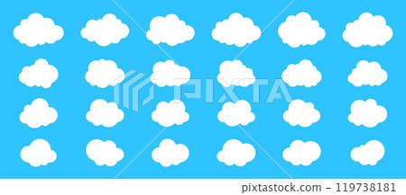 Big set of fluffy clouds icons in flat style isolated on blue background. Cloud vector collection. Big set of fluffy clouds icons in flat style isolated on blue background. Cloud vector collection. 119738181