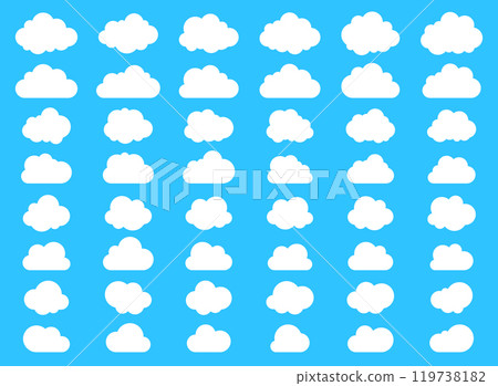 Big set of fluffy clouds and with flat bottom cloud icons in flat style isolated on blue background. Cloud vector collection. Big set of fluffy clouds and with flat bottom cloud icons in flat style isolated on blue background. Cloud vector collection. 119738182