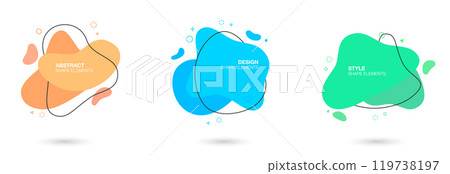 Set of abstract liquid shape graphic elements with black line. Colored fluid amoeba elements for minimal banner, logo. 119738197