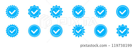 Account verification icon with a circle inside. Social media verification icons. Verified badge profile set. Blue check mark icon. Account verification icon with a circle inside. Social media verification icons. Verified badge profile set. Blue check mark icon. 119738199