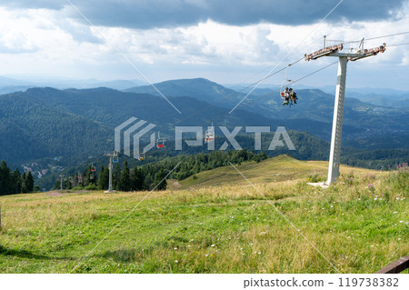 Mountains ranges in the Carpathians. Hills, forest and meadows 119738382