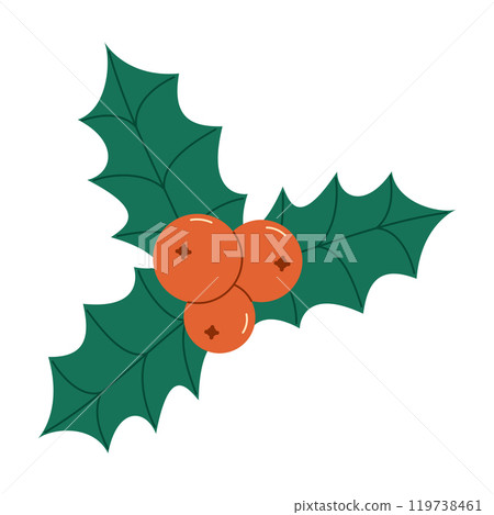 Christmas holly green leaves and red berries. Flat vector isolated illustration 119738461